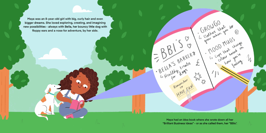 Illustration of Maya, an 8-year-old girl with big curly hair, sitting on grass with her dog Bella, writing in her notebook of Brilliant Business Ideas (BBIs) in a park setting
