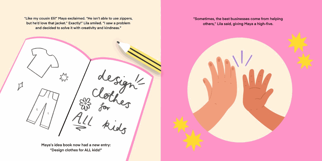 Illustration of a children's book page showing a notebook with clothing sketches and the handwritten idea "design clothes for ALL kids" alongside two hands giving a high-five on a pink background.