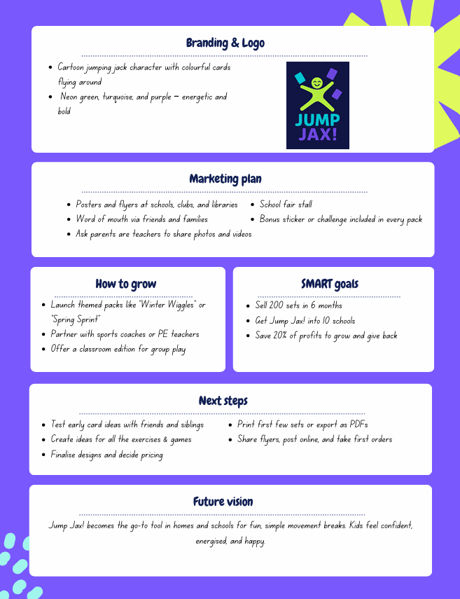 Free printable business plan template for kids with branding, marketing, goals, and growth steps guidance