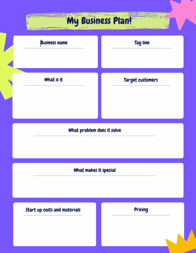 Free printable business plan template for kids with sections for business name, tagline, target customers, problem solved, uniqueness, startup costs, and pricing on a colorful background