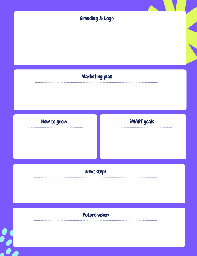 Free printable business plan template for kids with sections for branding, marketing, growth, goals, next steps, and future vision