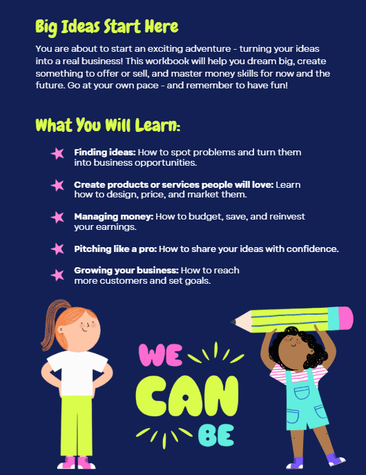 Entrepreneurship workbook for girls ages 10-14 with missions, founder stories, business templates, and confidence-building activities