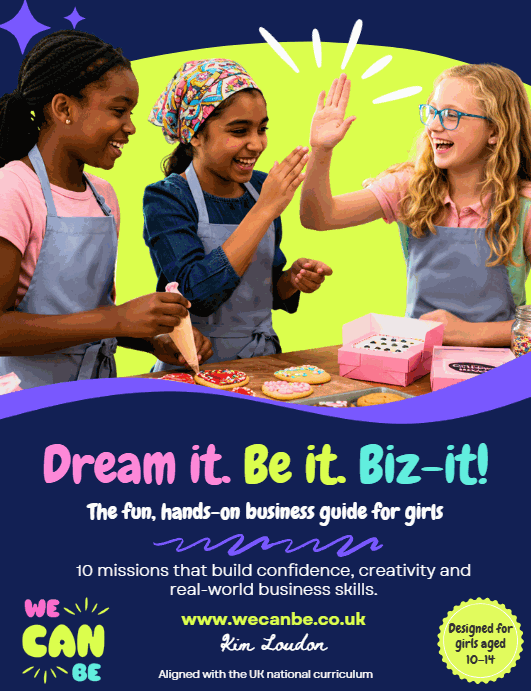 Girls aged 10-14 engaging in a fun, hands-on entrepreneurship workbook focusing on creativity, confidence, and real-world business skills through 10 empowering missions