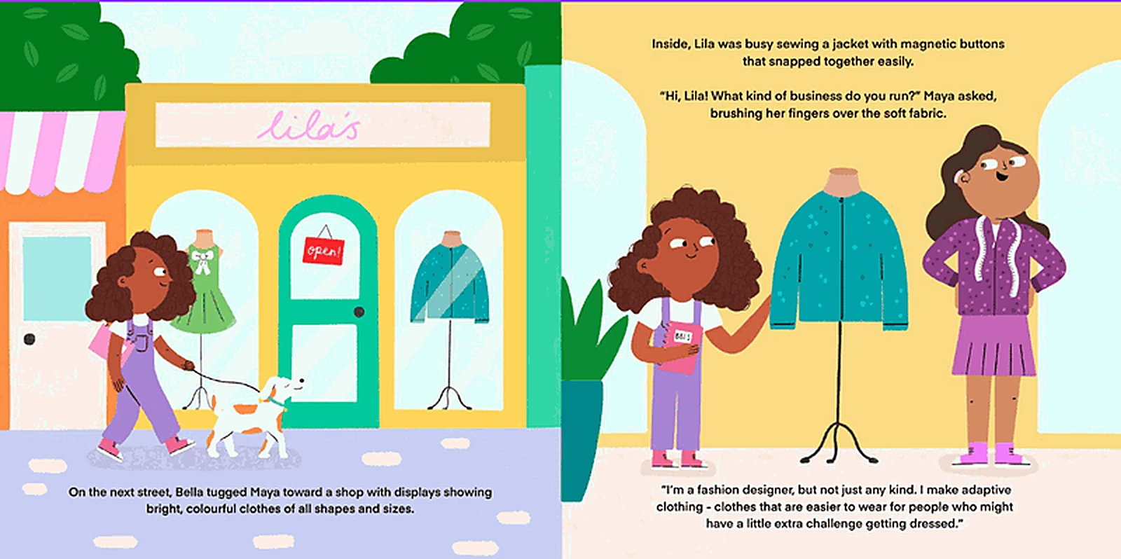 Maya walking past a colourful clothing shop, talking to a fashion designer