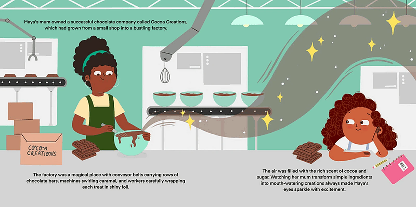 Maya's mum working at her chocolate company Cocoa Creations