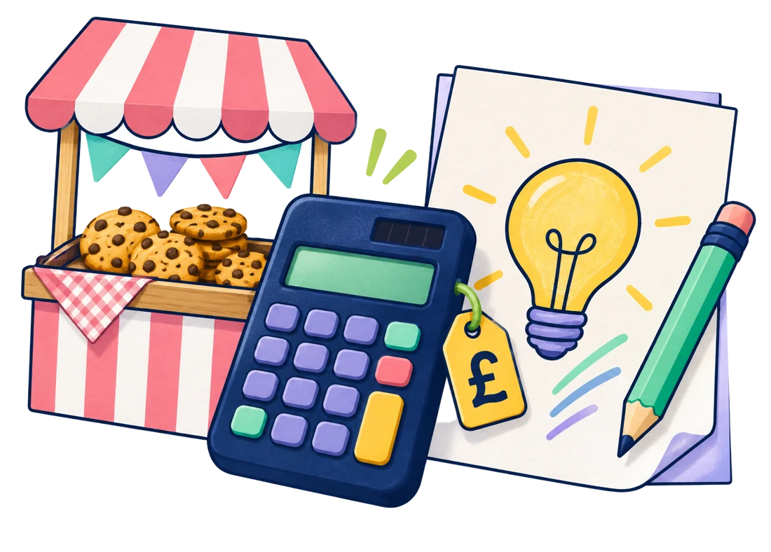Illustration of children running a cookie stall, using a calculator and sketching business ideas - free business and money skills activities for kids and teens aged 6 to 18