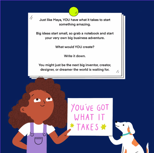 Illustration of a girl and her dog with motivational text on a blue background