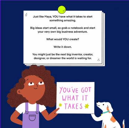 Illustration of a girl and her dog with motivational text on a blue background