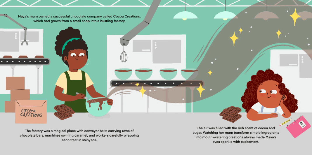 Illustration from Maya’s Big Business Adventure children’s book. Maya’s mum runs a chocolate company called Cocoa Creations, shown working in a busy factory mixing chocolate with conveyor belts, caramel machines, and wrapped bars. Maya watches with excitement, notebook in hand, inspired by her mum turning simple ingredients into successful products.