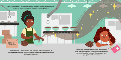 Illustration from Maya’s Big Business Adventure children’s book. Maya’s mum runs a chocolate company called Cocoa Creations, shown working in a busy factory mixing chocolate with conveyor belts, caramel machines, and wrapped bars. Maya watches with excitement, notebook in hand, inspired by her mum turning simple ingredients into successful products.