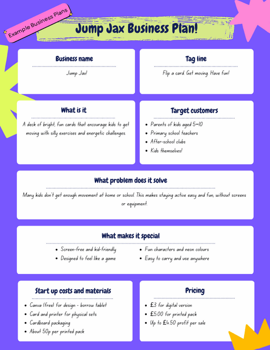 Free printable business plan template for kids with example plans, branding, pricing, and marketing guidance