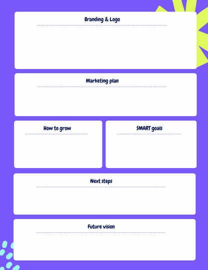 Free printable business plan template for kids with sections for branding, marketing, growth, goals, next steps, and future vision